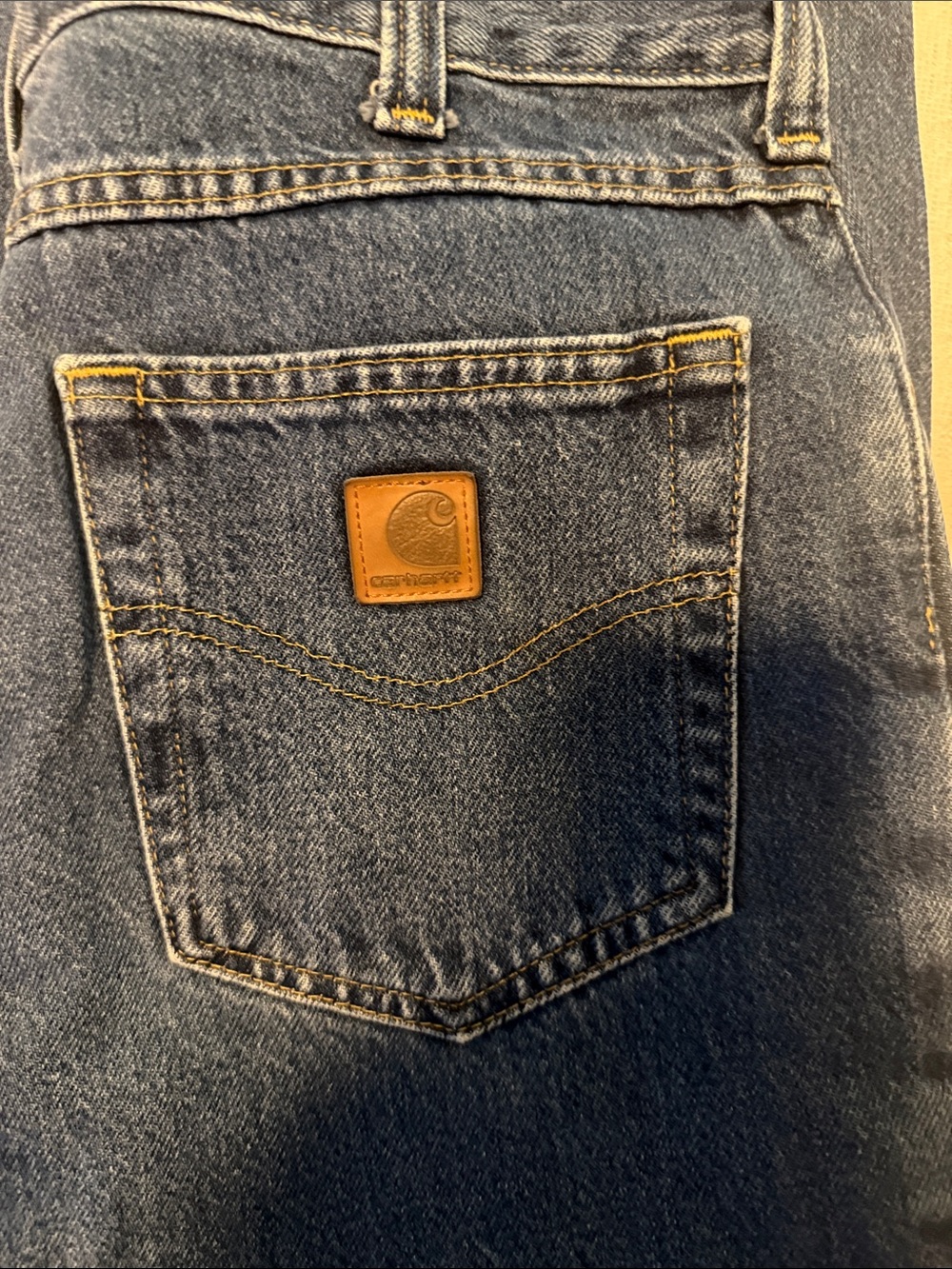 Carhartt Men's Dark Blue Relaxed Denim Jeans with Leather Patch